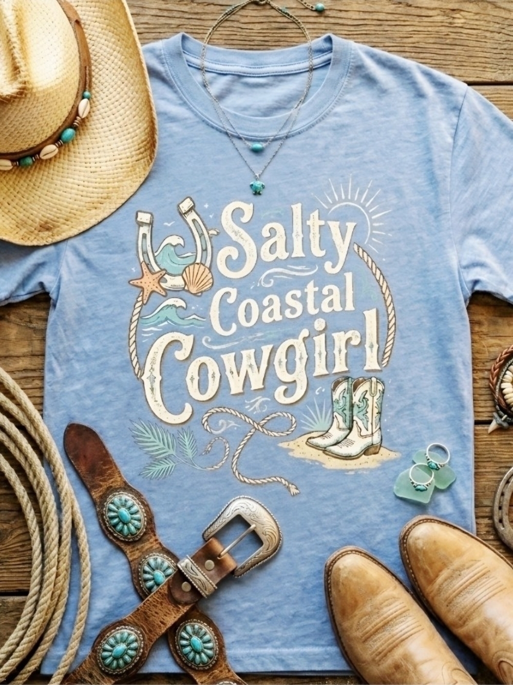 Salty Coastal Cowgirl Tee • Western Beach Graphic Shirt • Coastal Cowgirl